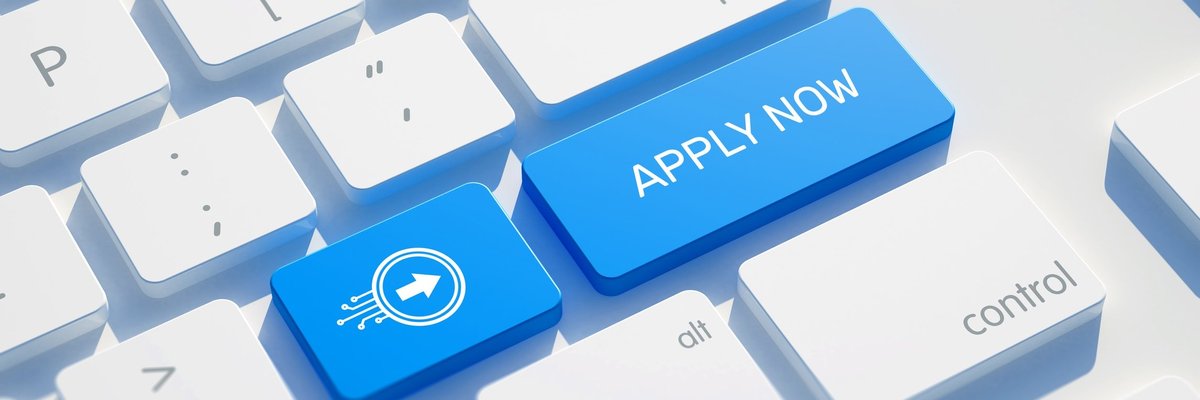 Computer keyboard with "apply now" button