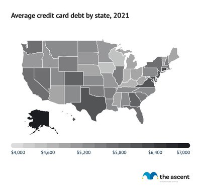 Heatmap of the United States showing average credit card debt by state.