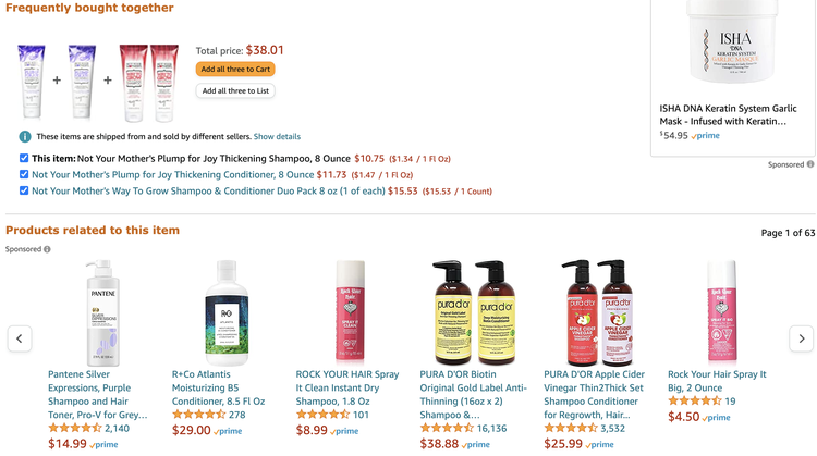 An Amazon product page for shampoo suggesting related hair care items such as conditioner.