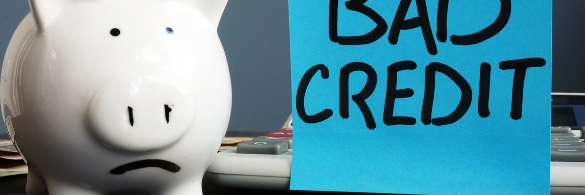 Piggy bank next to a sign that says "bad credit"