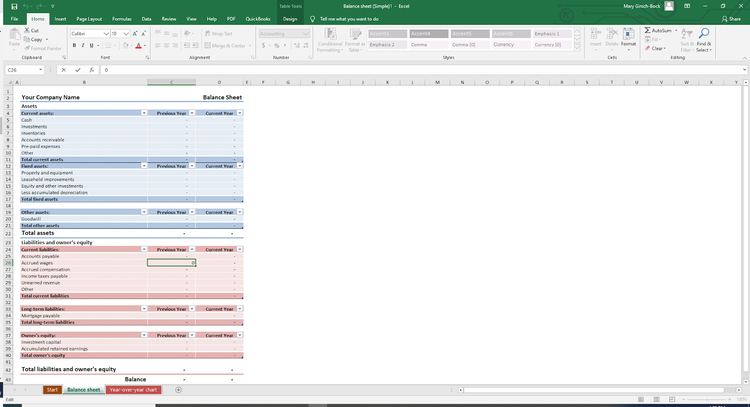 A screenshot of Microsoft Excel balance sheet template for accounting.