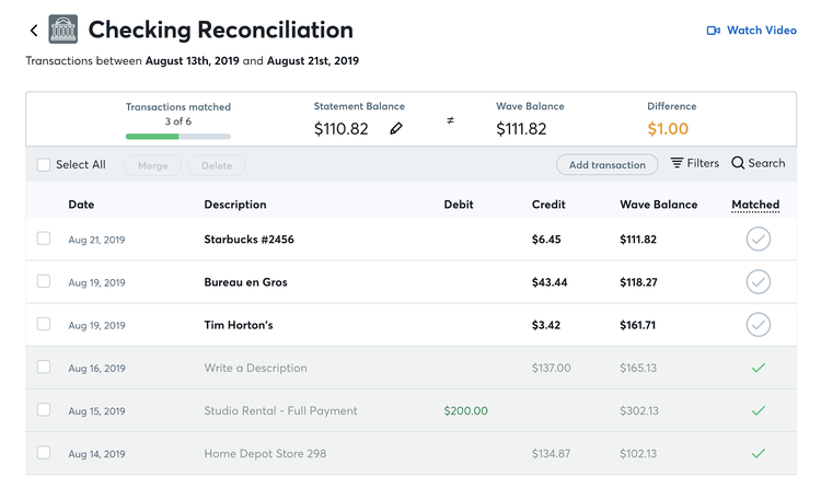 Screenshot of Wave Accounting bank reconciliation for accountants.