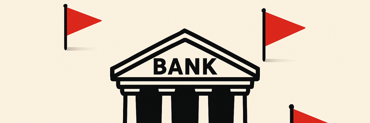 A bank structure set on a cream structure with small red flags in the background.