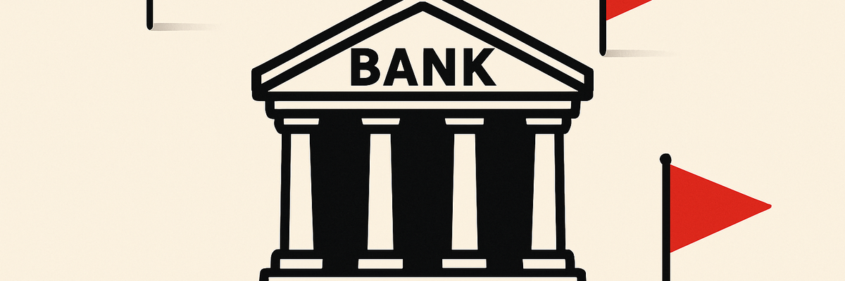 A bank structure set on a cream structure with small red flags in the background.