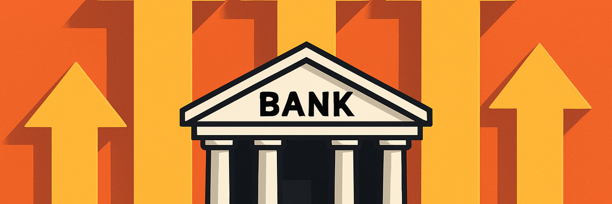 A white bank structure on an orange background featuring rising arrows.