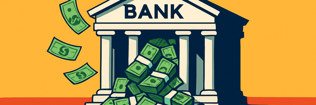 A bank structure overflowing with bundles of cash on a split orange background.