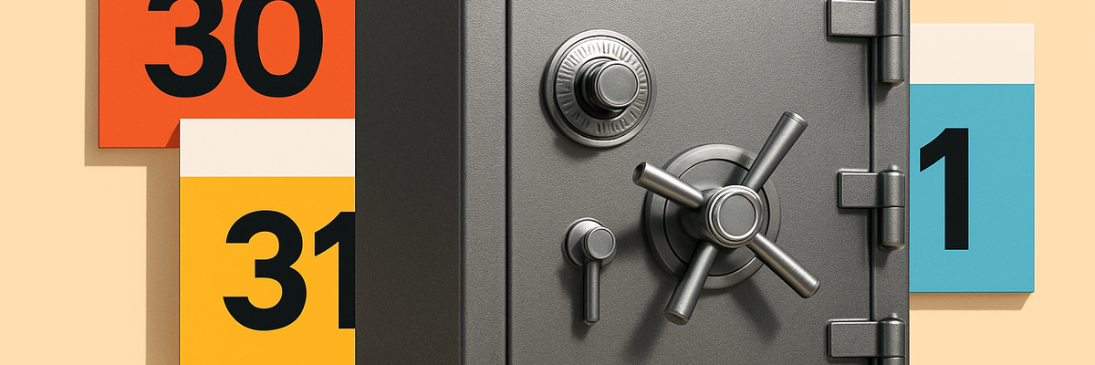 A silver bank safe with a background of days off a calendar.