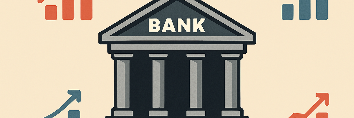 A bank structure with upward trending bar charts in blue and red in the background.