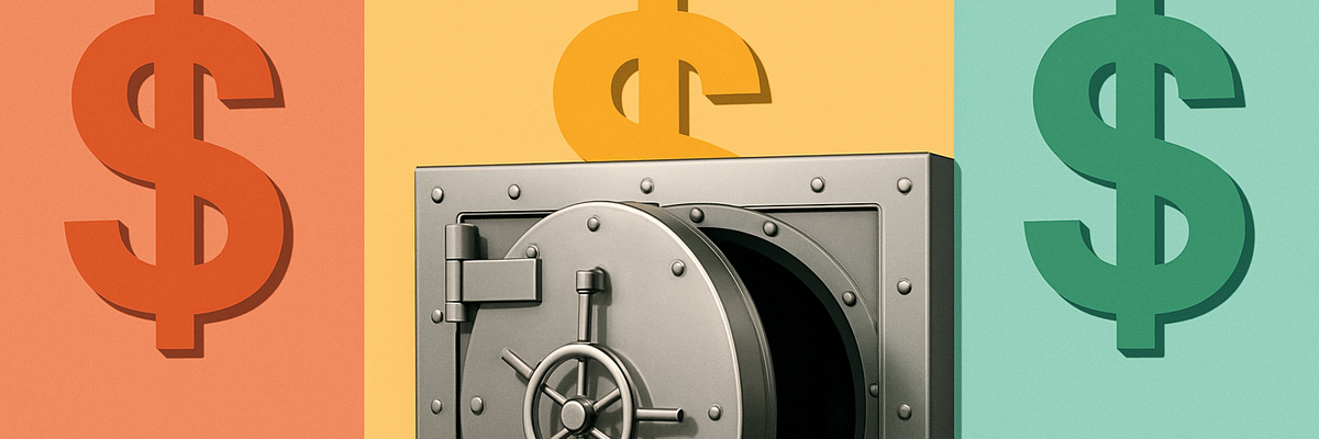 A silver bank vault on a background of red, yellow, and green with dollar signs.