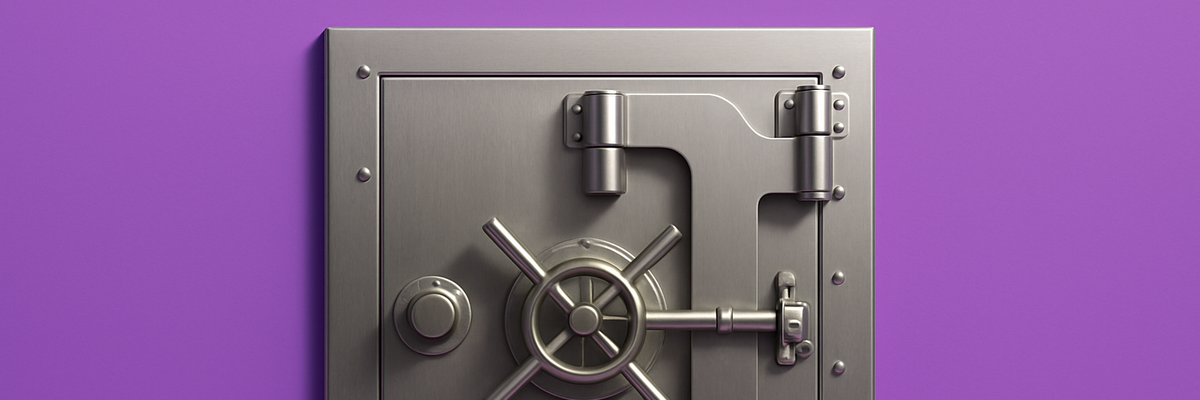 A bank vault on purple background.