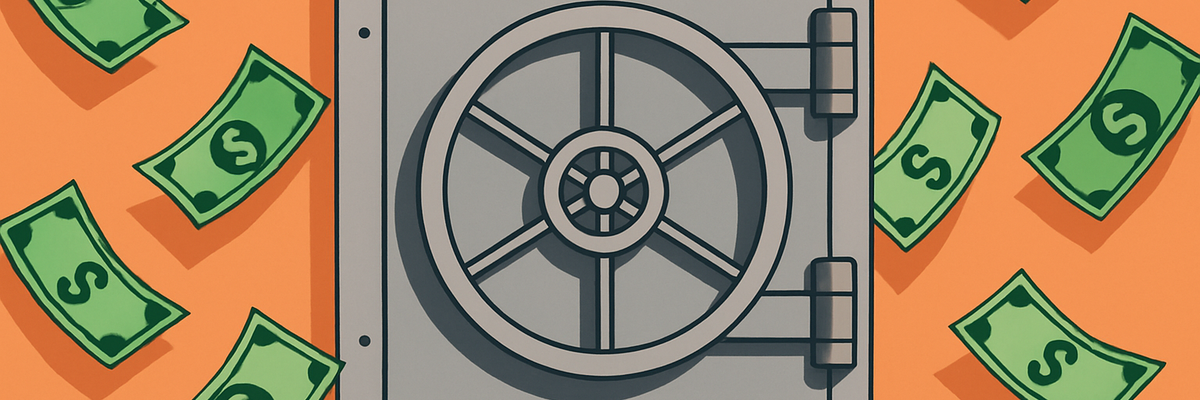 A bank vault on an orange background with floating loose bills.