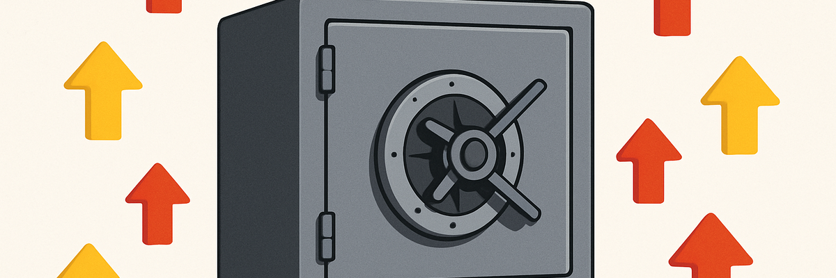 A closed bank vault on a white background with yellow and red upward arrows.