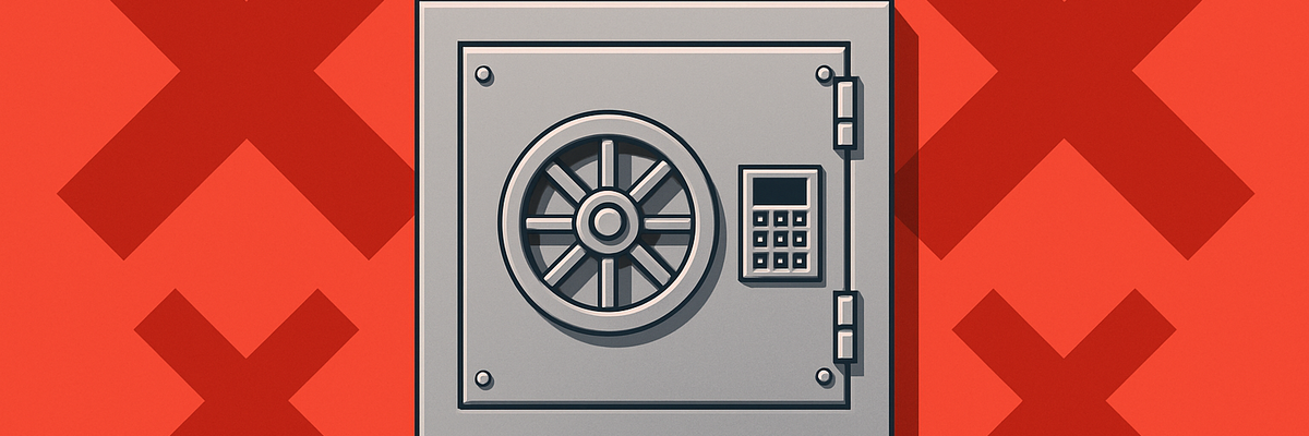 A closed bank vault on a red background with red Xs.