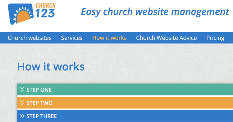 Church123's three steps for building a website for churches.