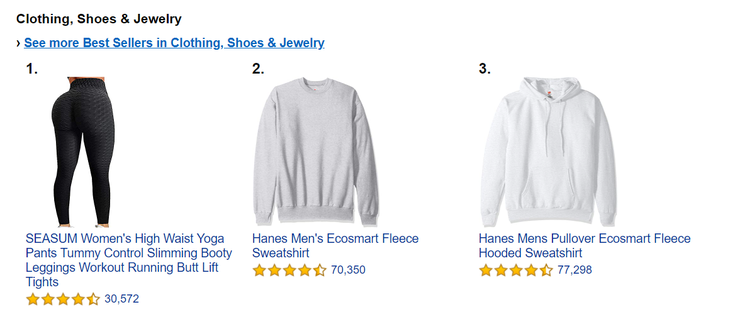 The Amazon bestsellers list showing the top clothing products.