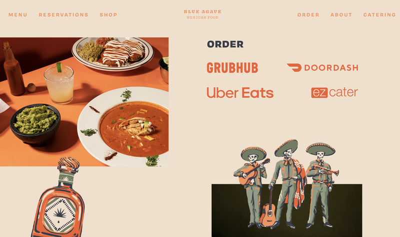 The Blue Agave homepage with food delivery options.