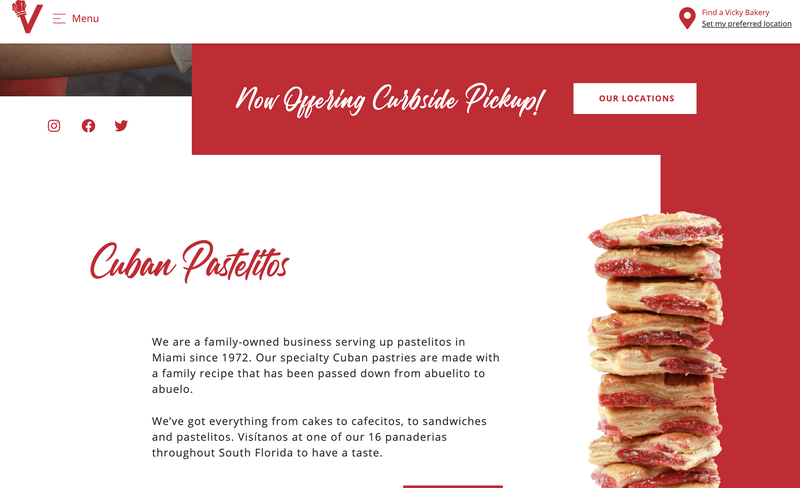 Vicky Bakery's homepage offering curbside pickup.