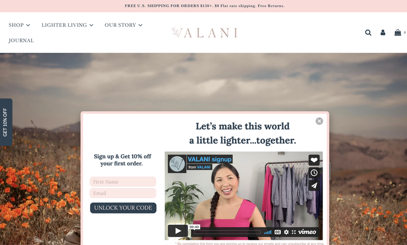 Valani’s video popup to sign up for the newsletter featured on the homepage.