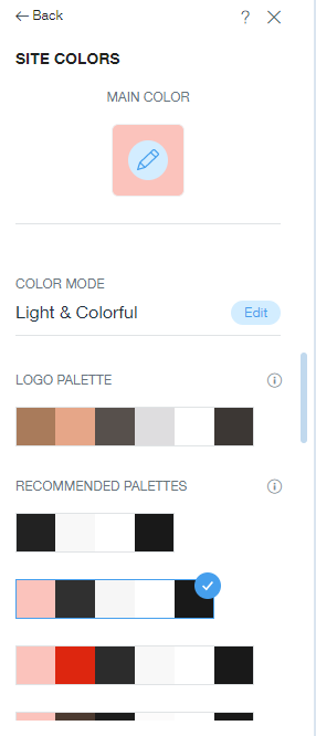 The Wix site colors toolbar selector, with black, white and pink palettes.