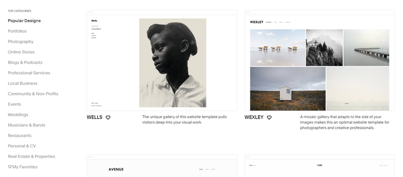 The library of Squarespace themes sorted by popular designs on the toolbar on the left, featuring a portrait and a landscape collage on the right.