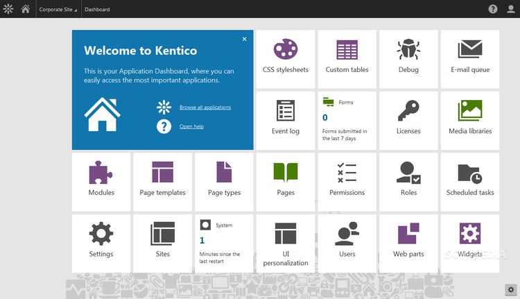 Kentico's home page with tools represented by icons.