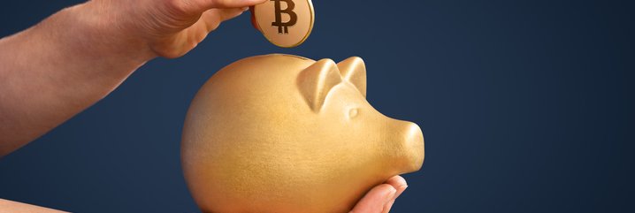 Hands holding a gold piggy bank and a gold Bitcoin above it.