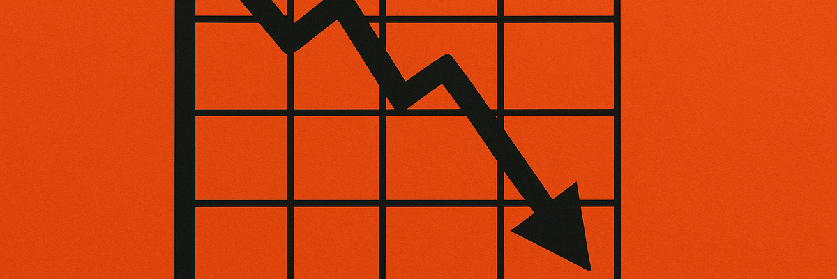 A black line chart trending steeply downward against a reddish orange background.
