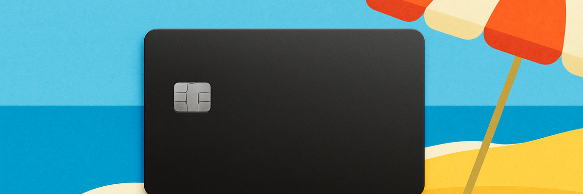 A black credit card against graphic beach background.
