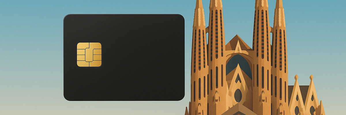 A black credit card with rendering of Basilica de la Sagrada Família in background.
