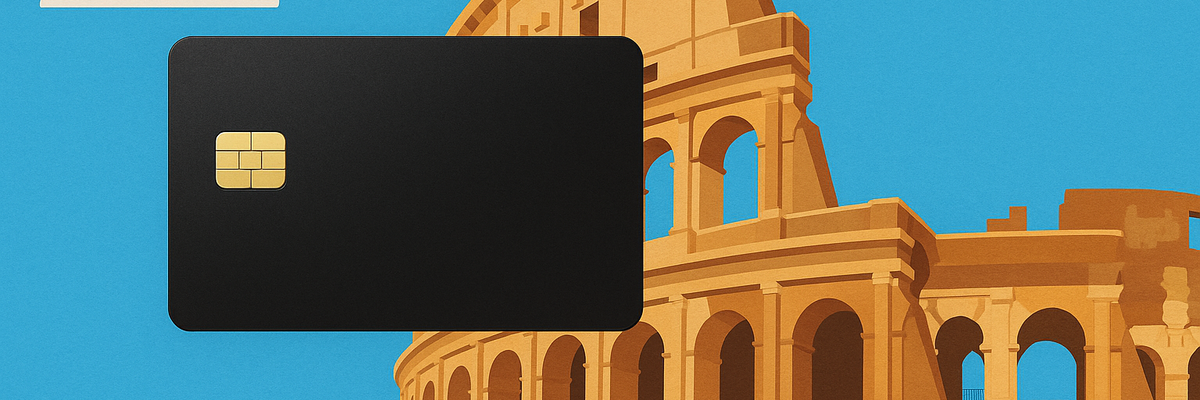 A black credit card with Roman Colosseum and blue sky in background.