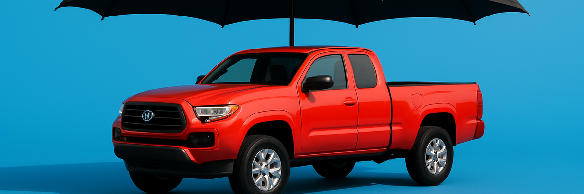 A black umbrella over red pickup truck against a blue background.