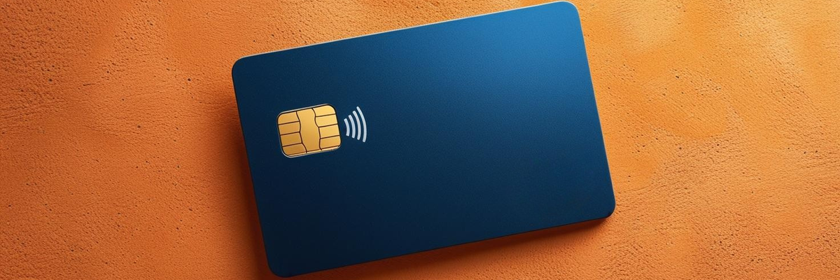 A blank blue credit card against an orange textured background.