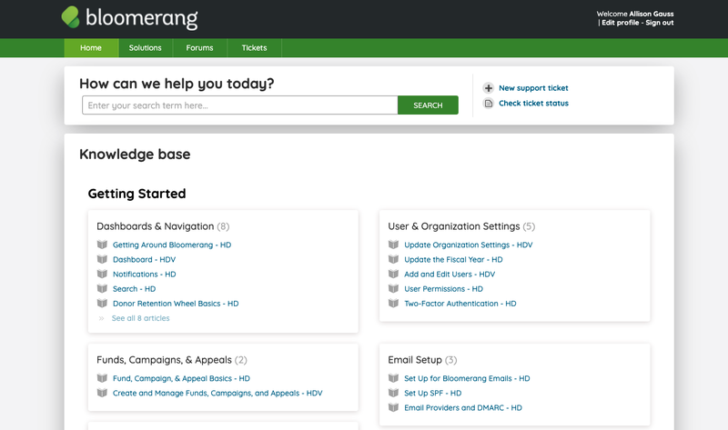 Bloomerang's knowledge center with lists of help articles.