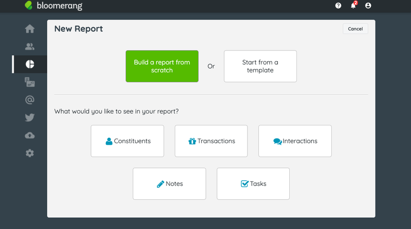 The report building tool in Bloomerang, with buttons and text.