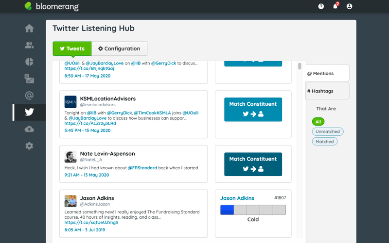 The Twitter Listening Hub in Bloomerang displaying tweets and constituents.