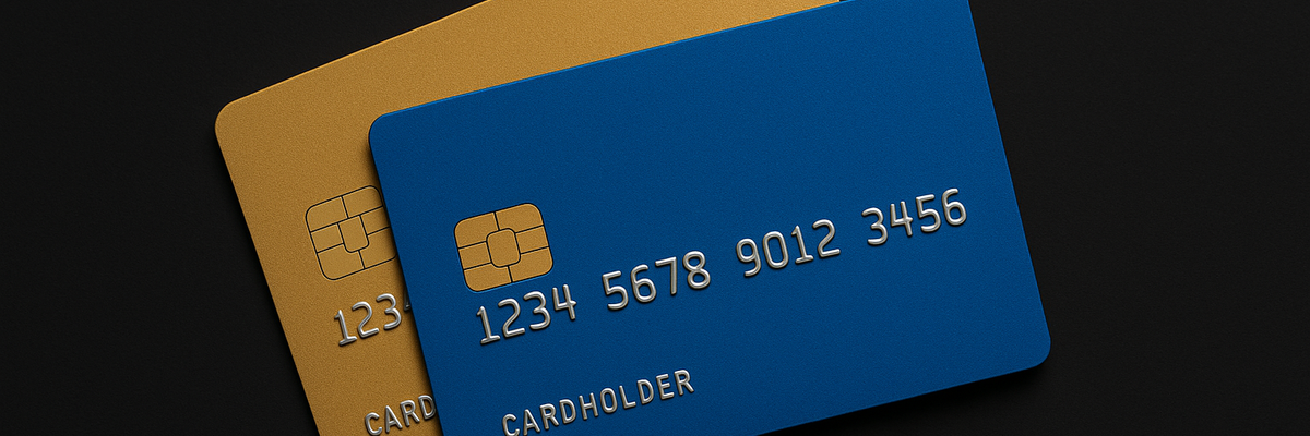 Generic blue and gold credit cards against black background.