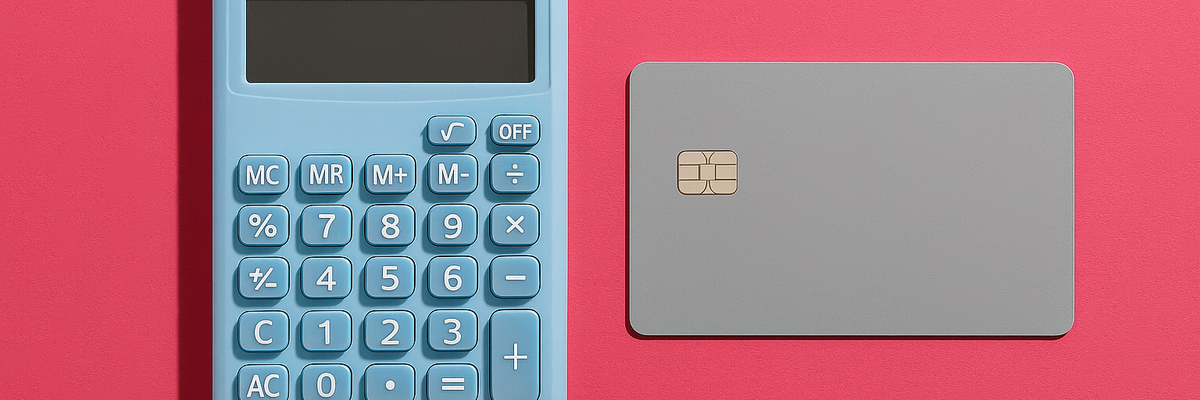 A light blue calculator and silver credit card against hot pink background.