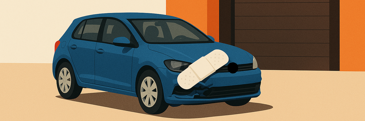 A blue car with a bandage covering some front end damage and a mechanic shop in the background.