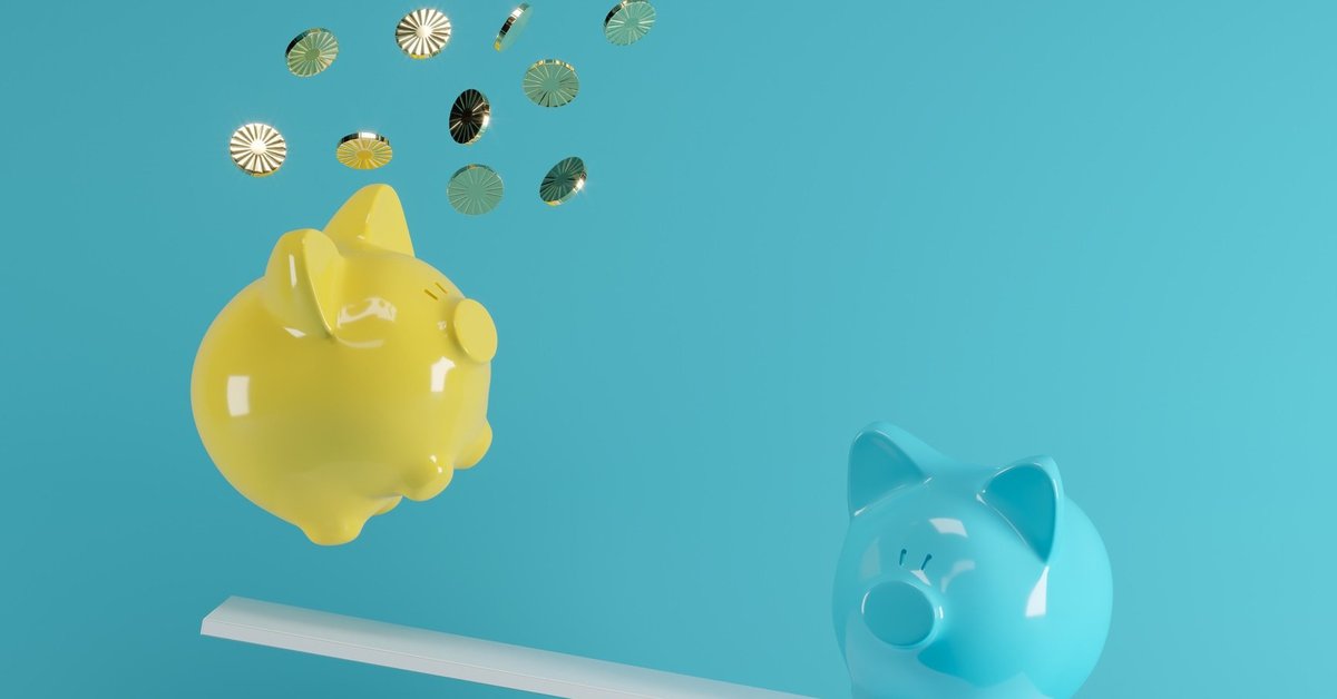 blue piggy bank sending yellow piggy bank flying off a seesaw -- savings account money