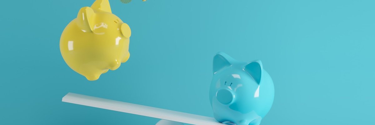 blue piggy bank sending yellow piggy bank flying off a seesaw.