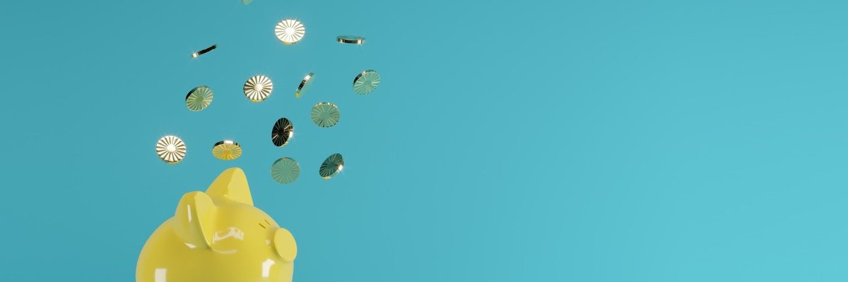 blue piggy bank sending yellow piggy bank flying off a seesaw.