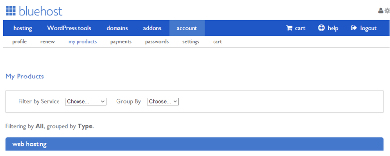 The home dashboard of Bluehost with tabs for pages like Profile and My Products.