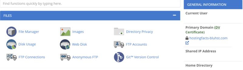 The Bluehost’s control panel to manage your hosting account with icons for various options like Images and File Manager.