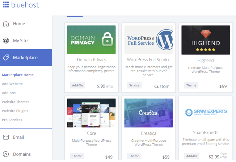 The Bluehost marketplace for apps and integrations with various add-ons listed in a grid.