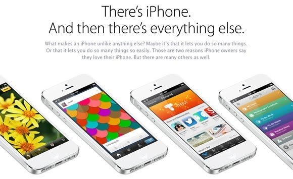 Apple iPhone ad showing text at the top and a row of iPhones at the bottom.