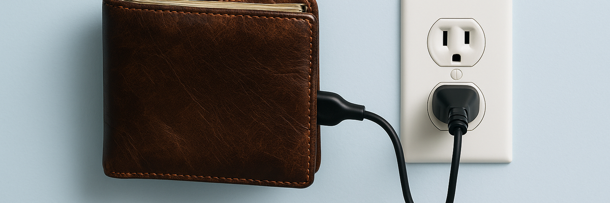 A brown leather wallet plugged into a charging cable and socket on light blue background.