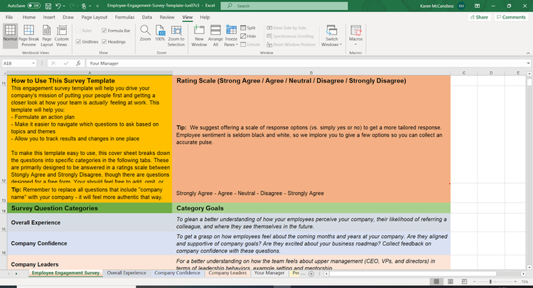 Zenefits’ employee satisfaction survey template in the form of an Excel spreadsheet.