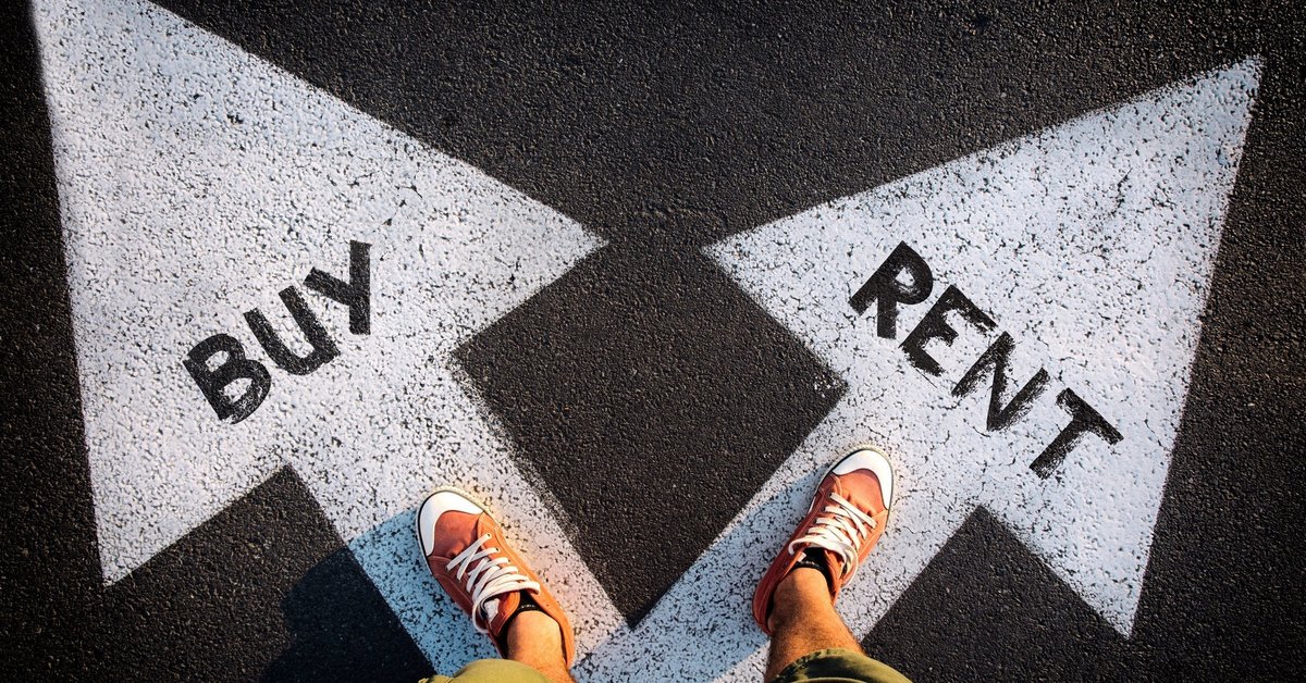 Two feet on diverging arrows, buy vs rent.