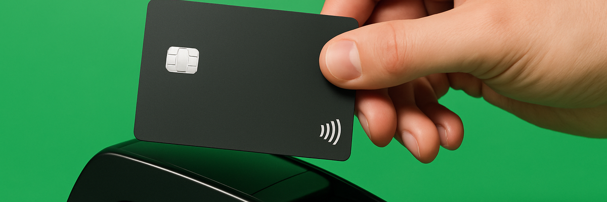 A black card being swiped in a card reader on a green background.