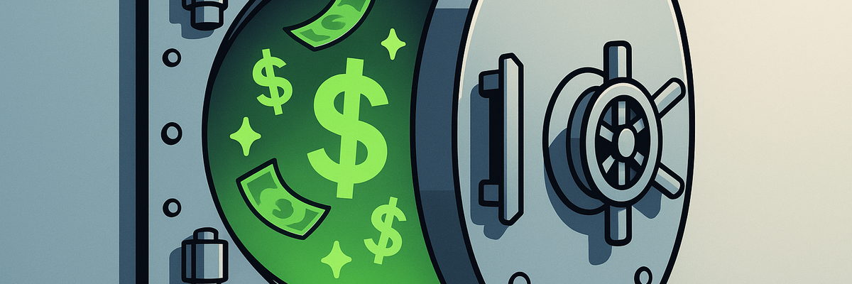 A cartoon bank vault that's open with cash and dollar signs visible inside.